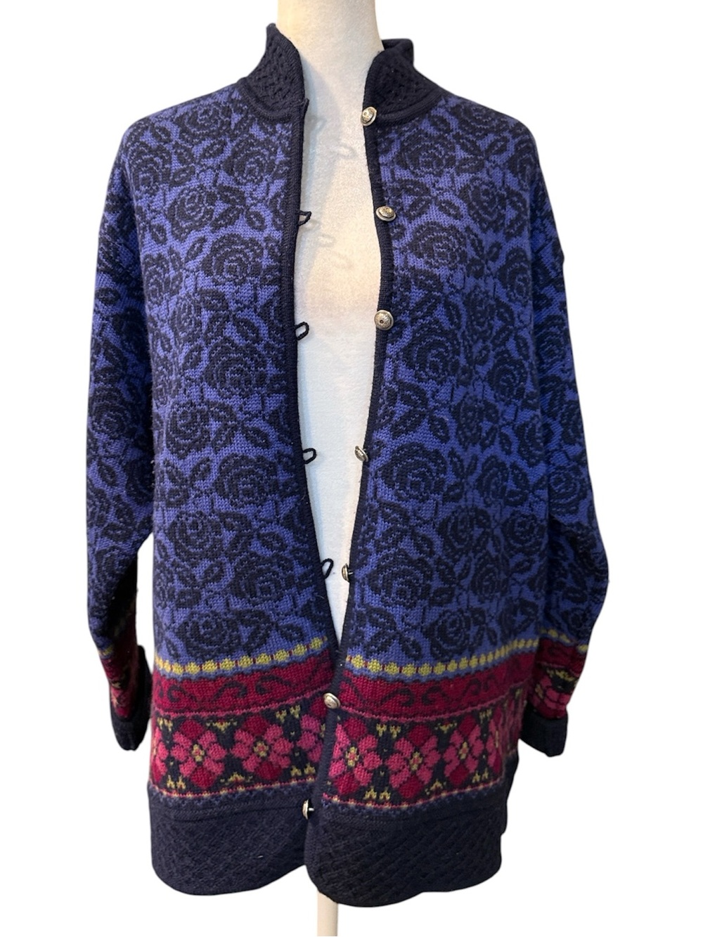 Vintage Nordic Design 100% Wool Floral Cardigan Sweater 2X Blue Nordic